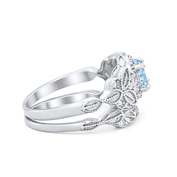 Art Deco Vintage Style Bridal Ring Piece Simulated Aquamarine CZ 925 Sterling Silver